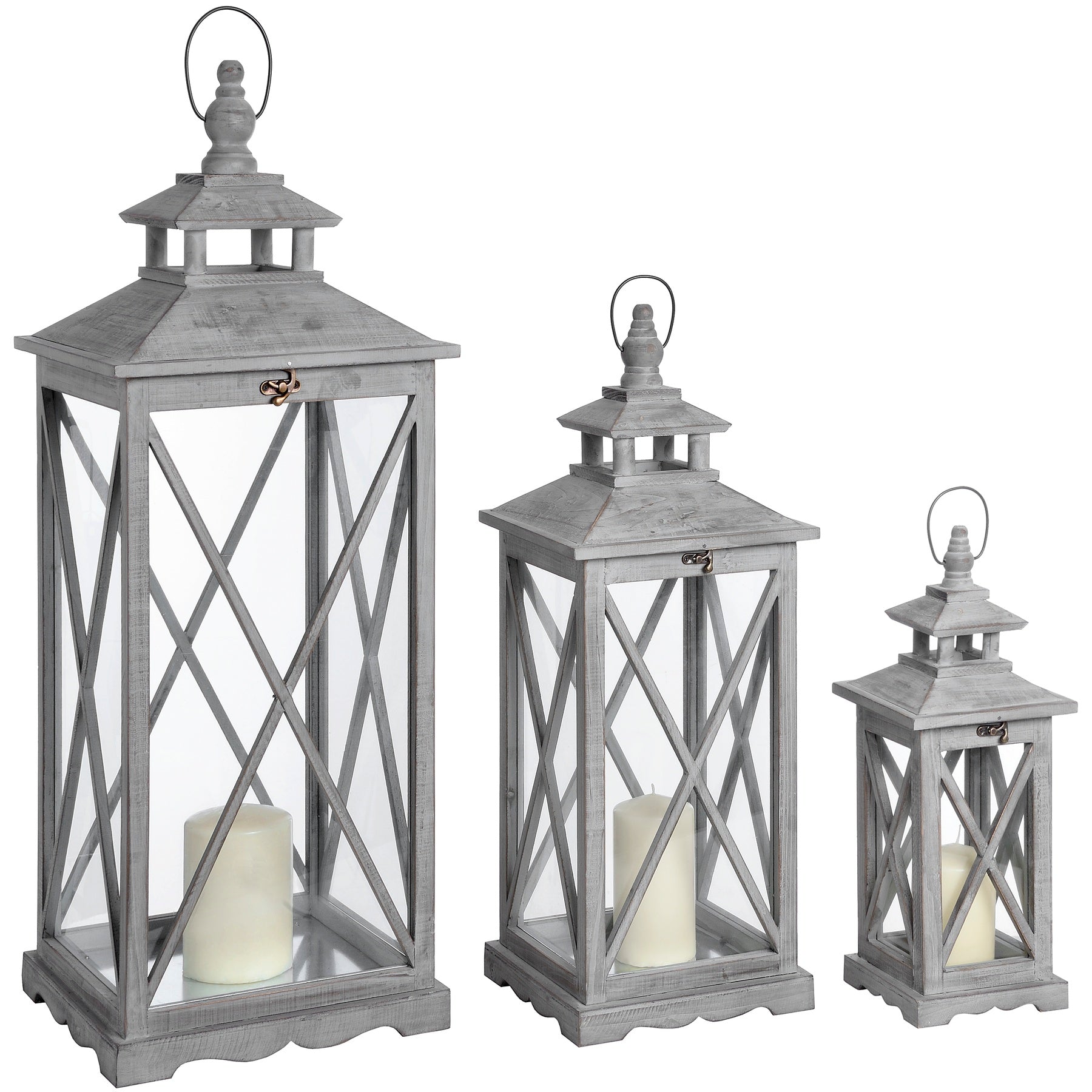 Lumen Set Of Three Wooden Lanterns With Traditional Cross Section
