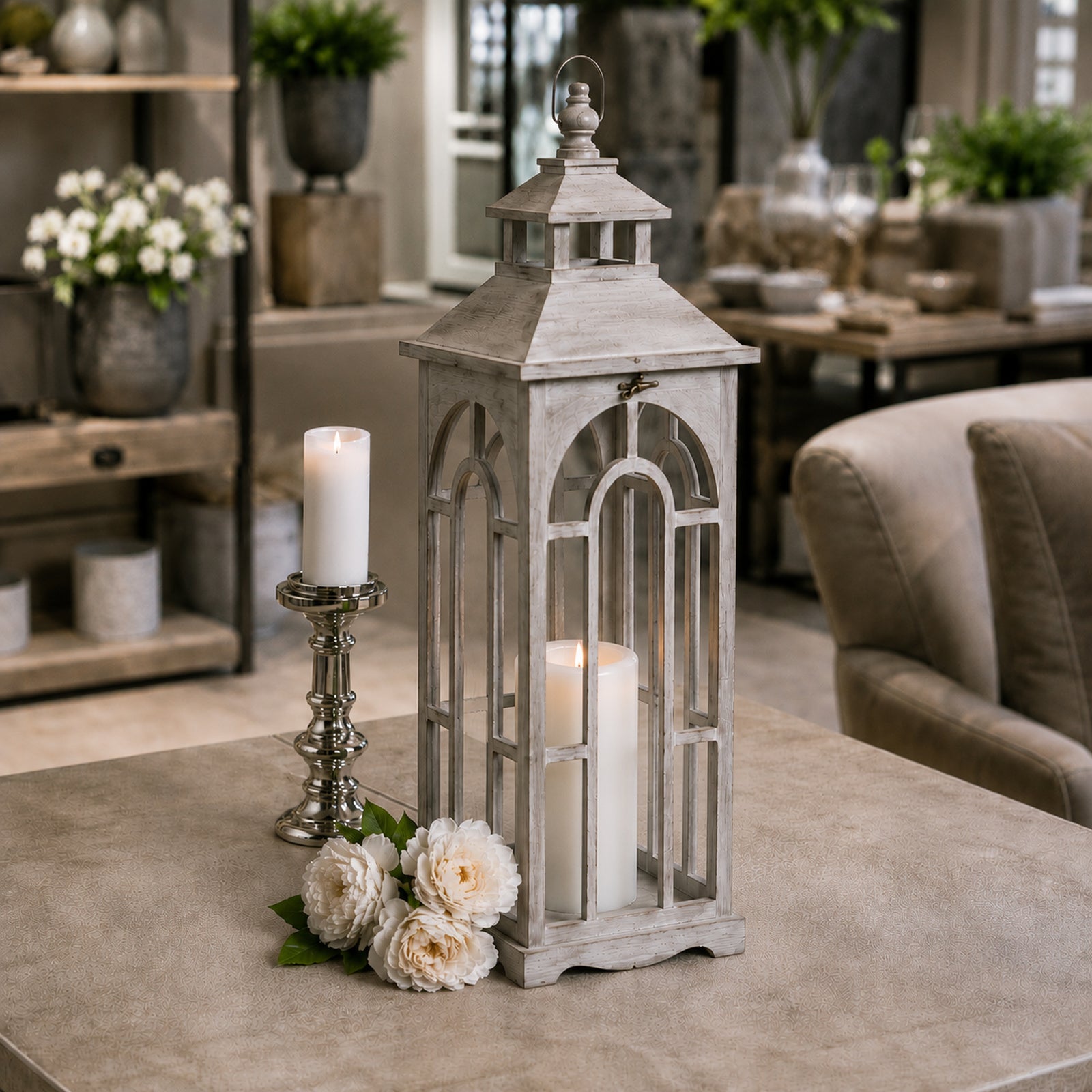 Set Of Three Wooden Lanterns With Archway Design