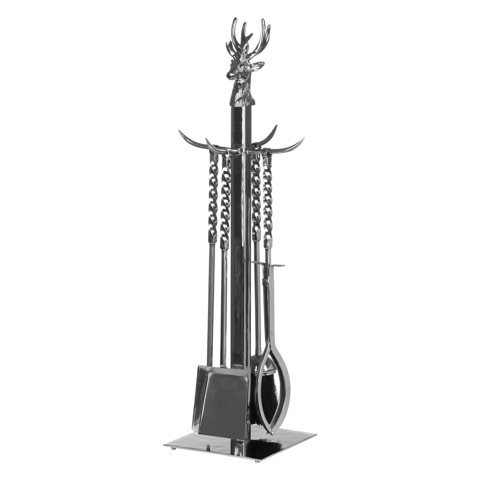Hand Turned Stag Companion Set In Polished Nickel 67 cm