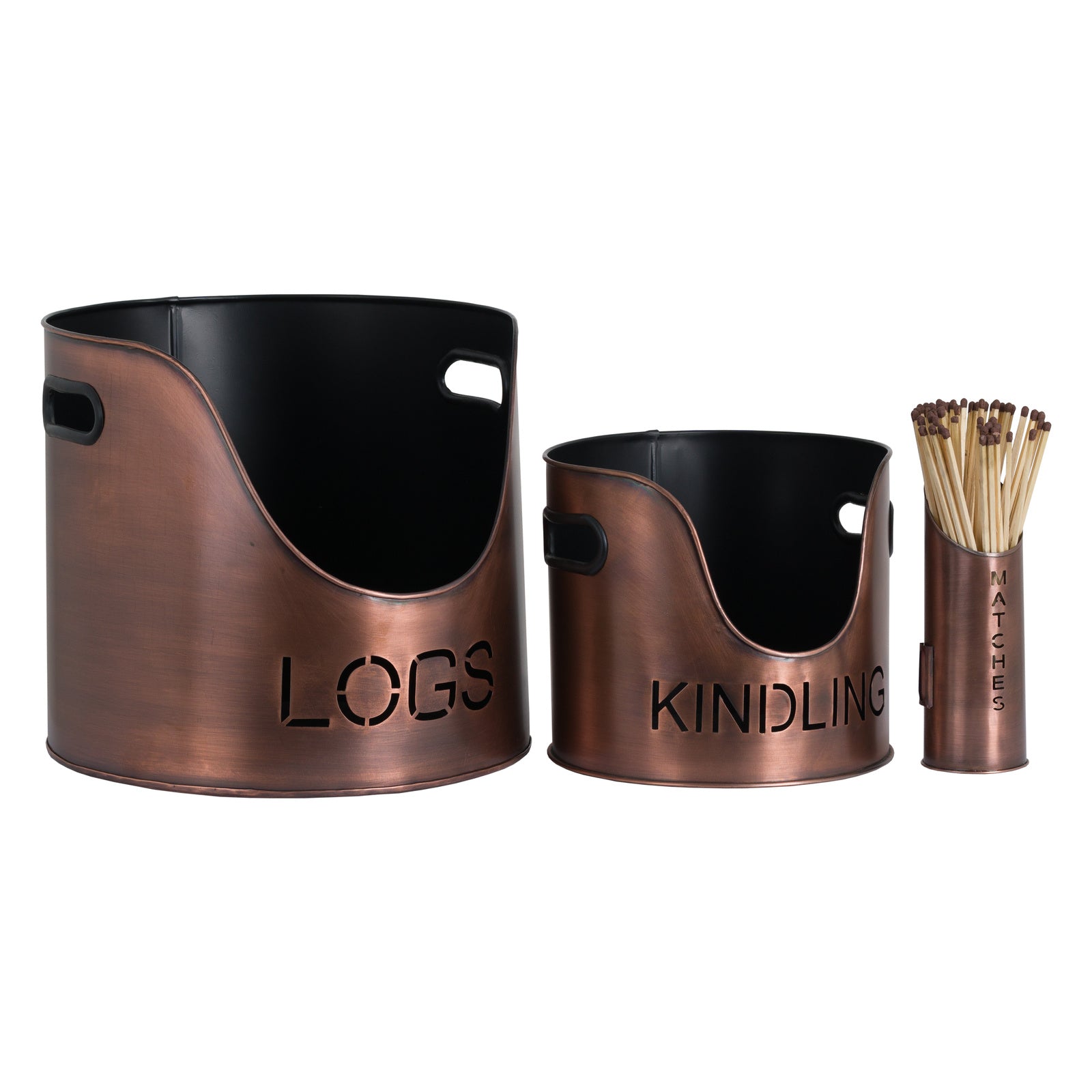 Copper Finish Logs And Kindling Buckets & Matchstick Holder 30 cm
