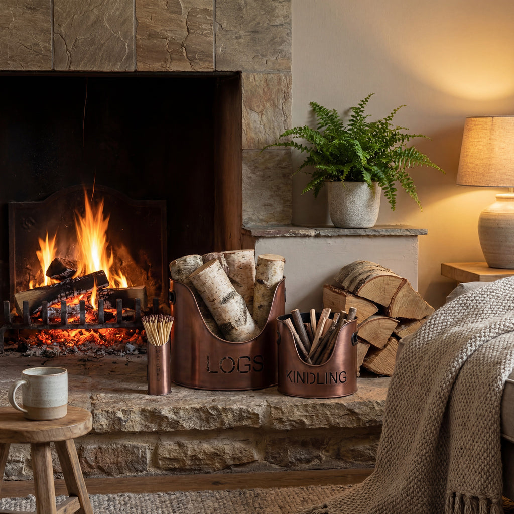 Copper Finish Logs And Kindling Buckets & Matchstick Holder 30 cm