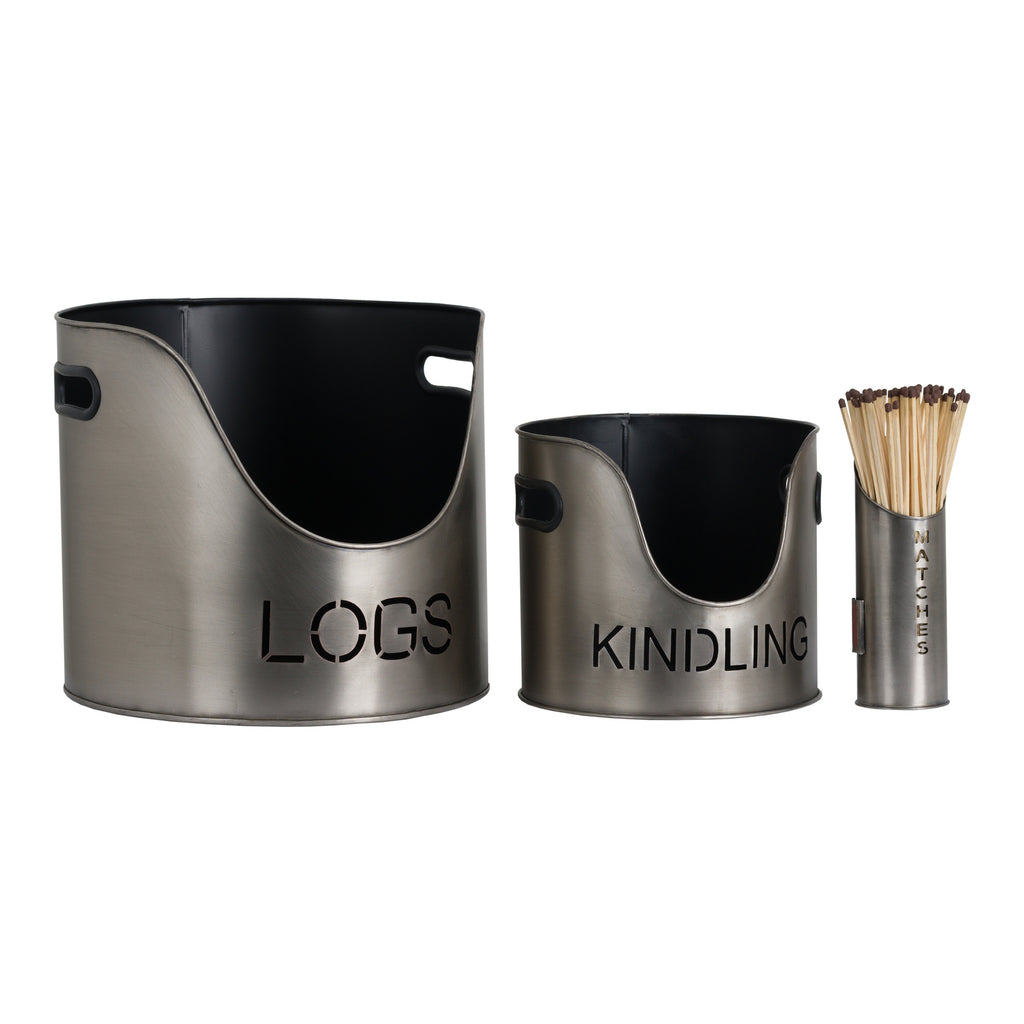 Pewter Finish Logs And Kindling Buckets & Matchstick Holder 32 cm