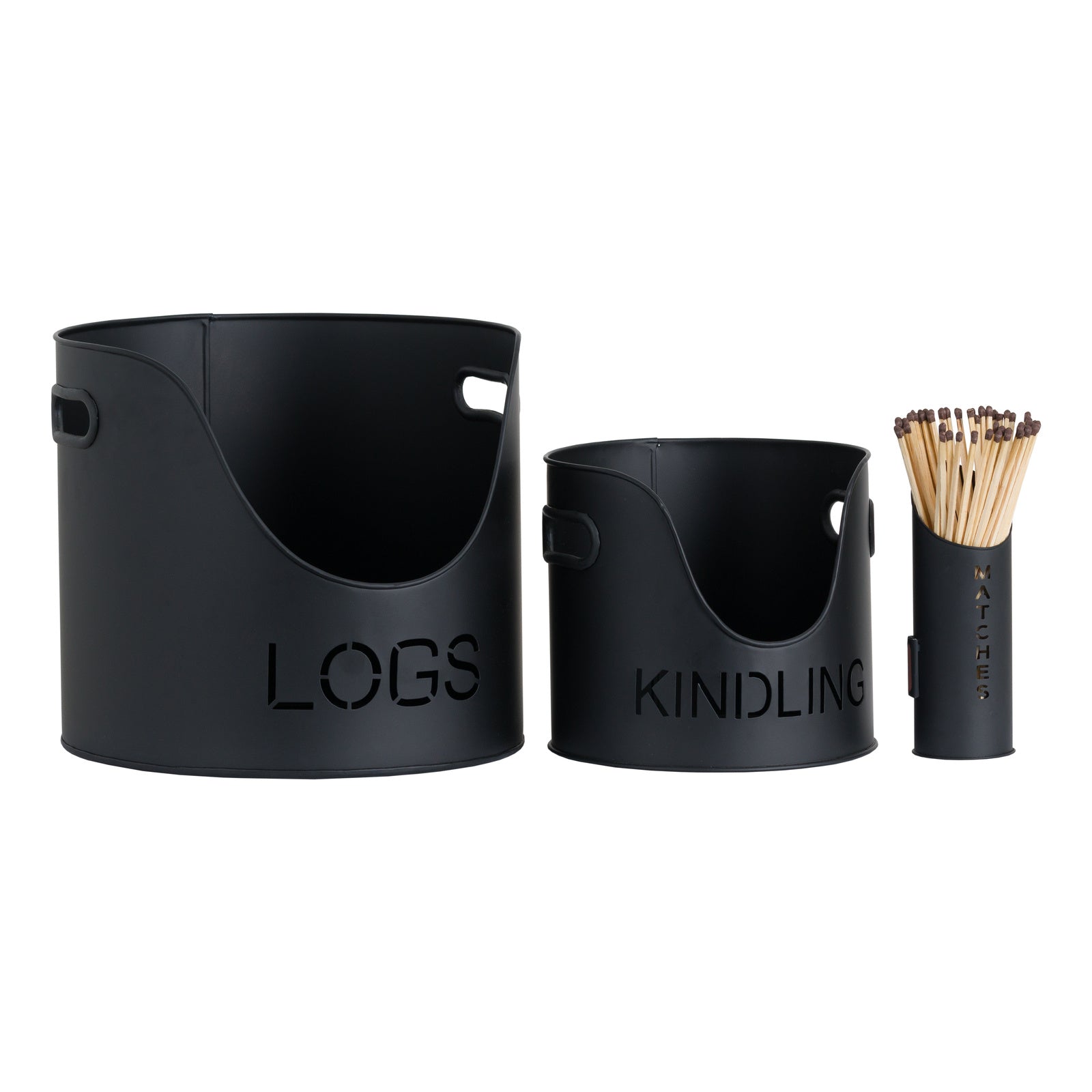 Black Finish Logs And Kindling Buckets & Matchstick Holder 32 cm