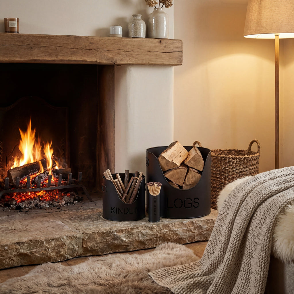 Black Finish Logs And Kindling Buckets & Matchstick Holder 32 cm