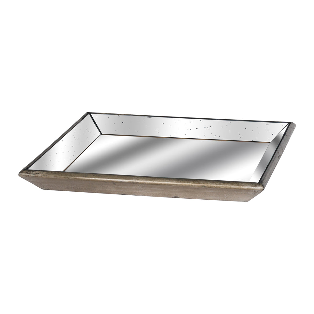 Astor Distressed Mirrored Square Tray W/Wooden Detailing 50 cm