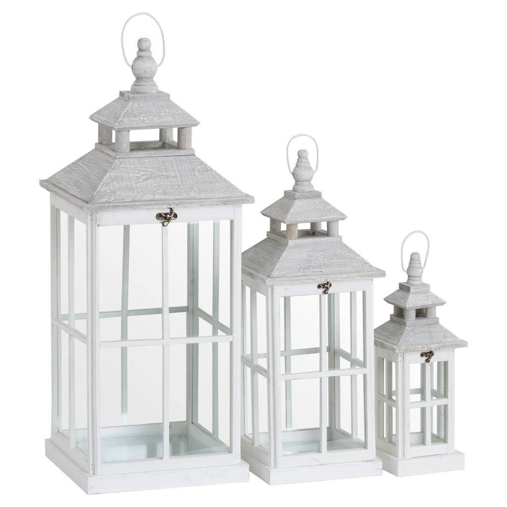 Set Of 3 White Window Style Lanterns With Open Top 80 cm