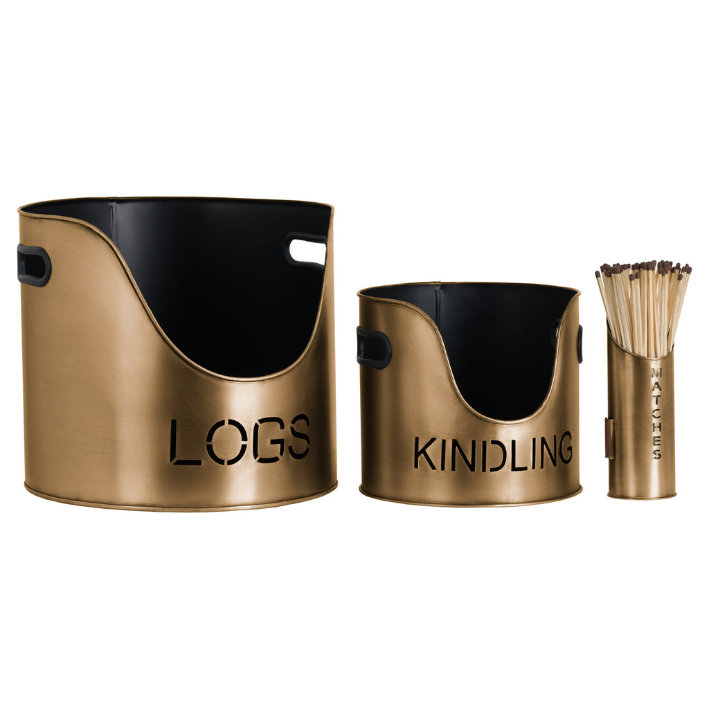 Bronze Finish Logs And Kindling Buckets & Matchstick Holder 32 cm