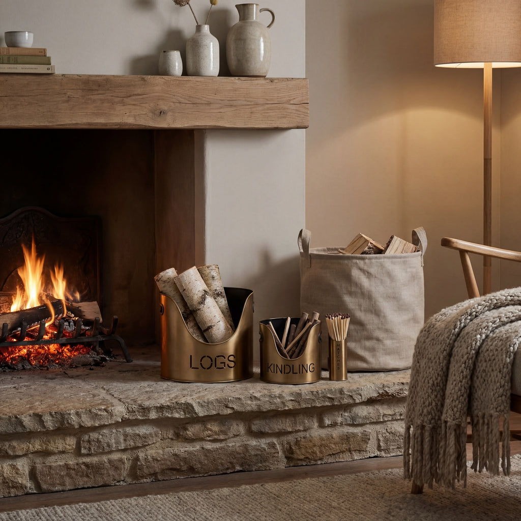 Bronze Finish Logs And Kindling Buckets & Matchstick Holder 32 cm