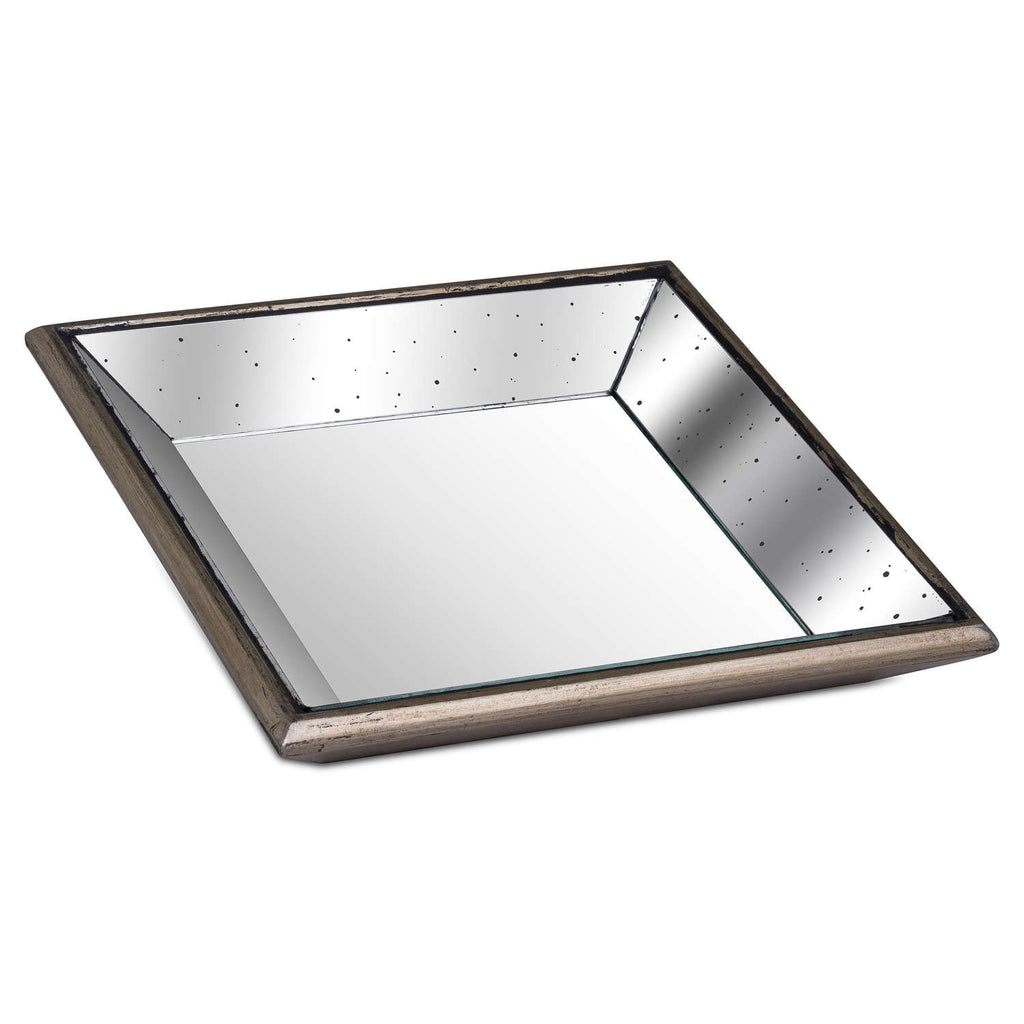 Astor Distressed Mirrored Square Tray W/Wooden Detailing Sml 32 cm