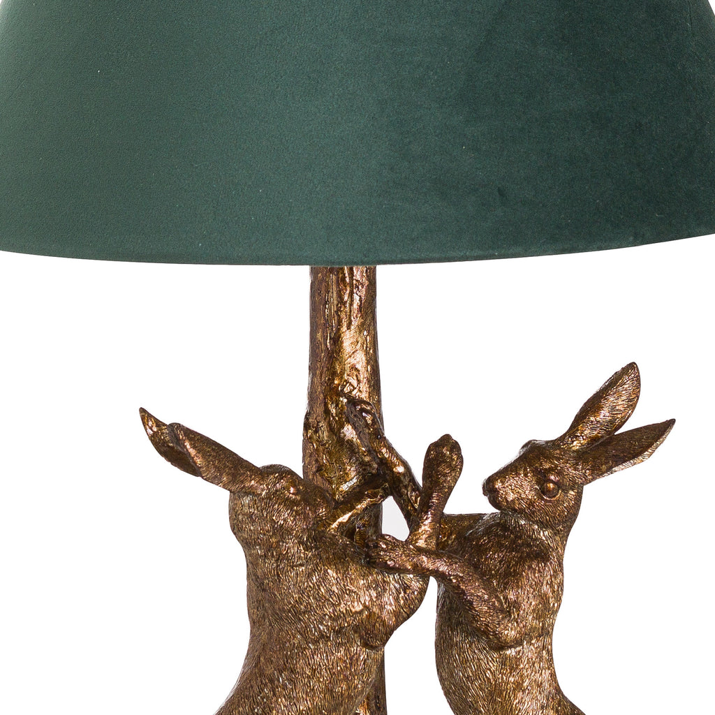 Antique Gold Marching Hares Lamp With Green Velvet Shade 48 cm