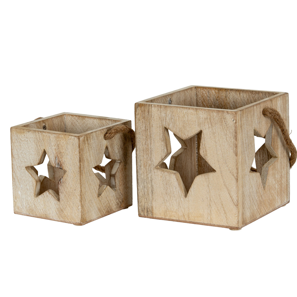 Washed Wood Large Star Tealight Candle Holder 13 cm