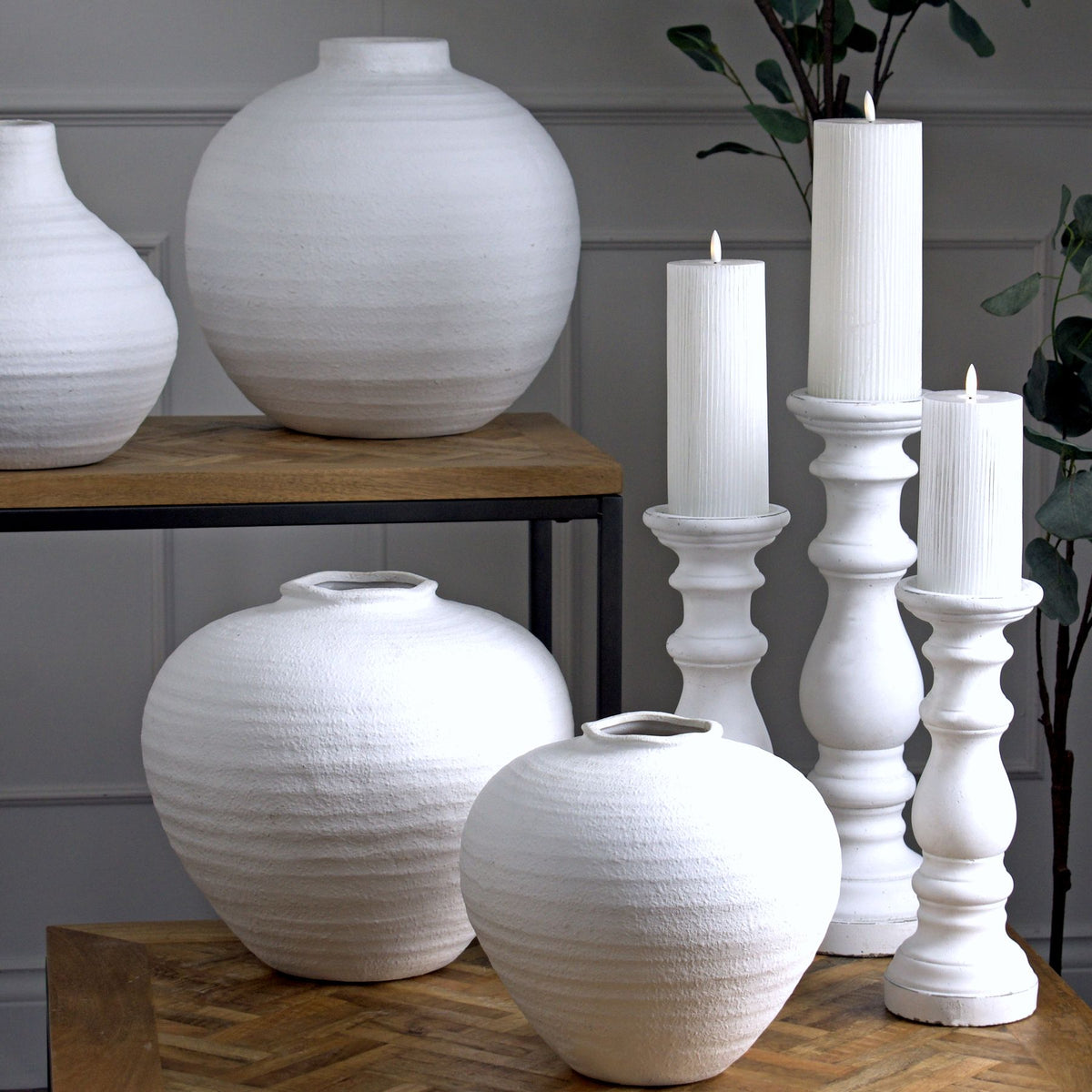 Matt White Small Ceramic Column Candle Holder 31 cm