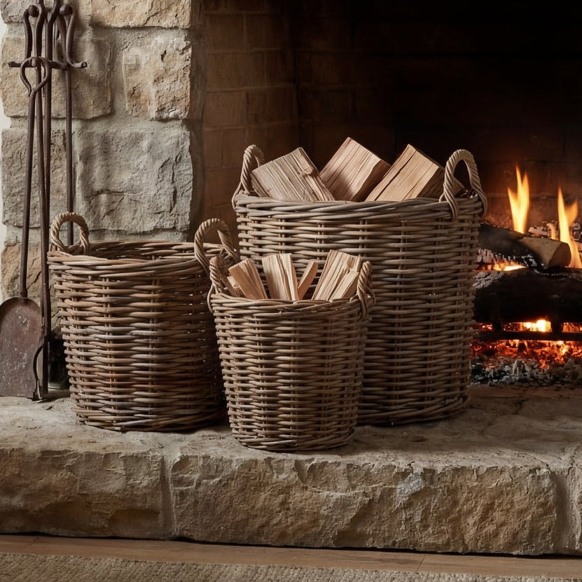 Set Of 3 Kubu Rattan Round Storage Baskets 70 cm