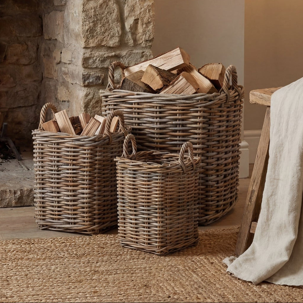 Set Of 3 Kubu Rattan Square Storage Baskets 52 cm