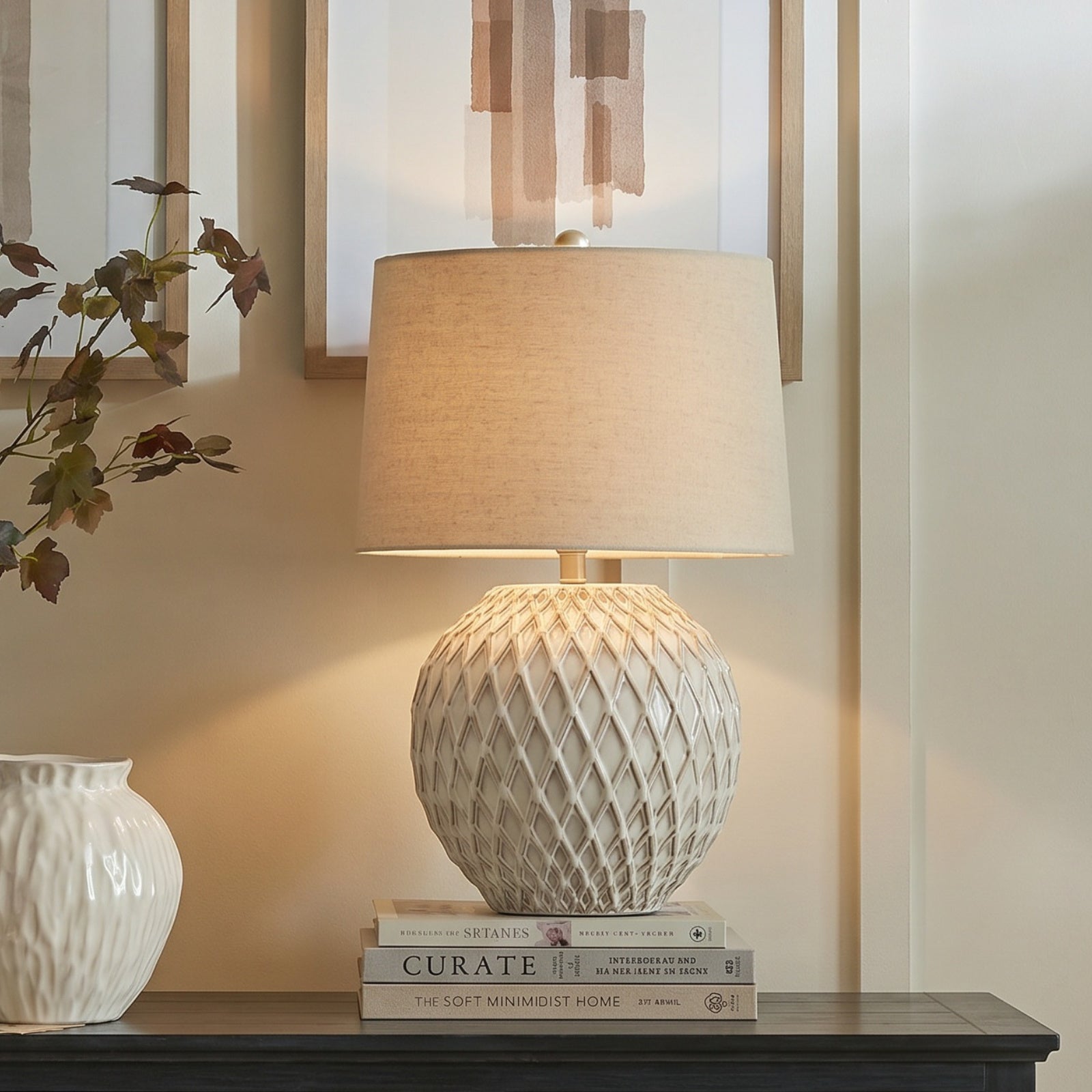 Ember Lattice Ceramic Table Lamp With Linen Shade