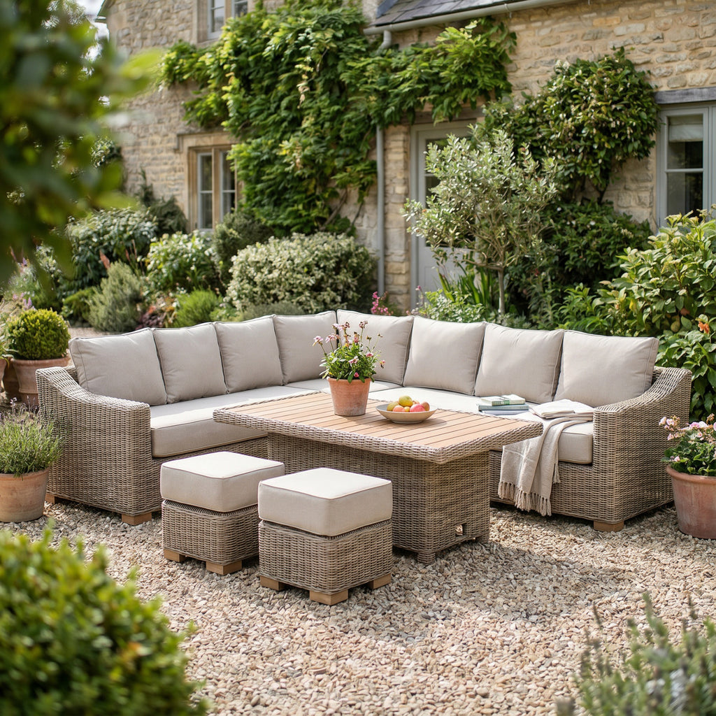 Capri Outdoor Large Corner Set With Riser Table + 2 Stools 277 cm