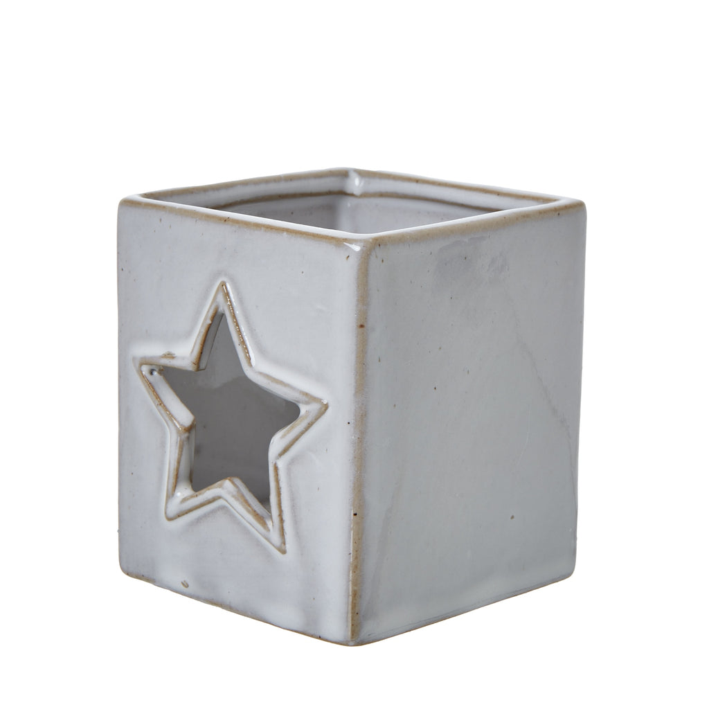 White Ceramic Star Cut-Out Square Tealight Holder 8 cm
