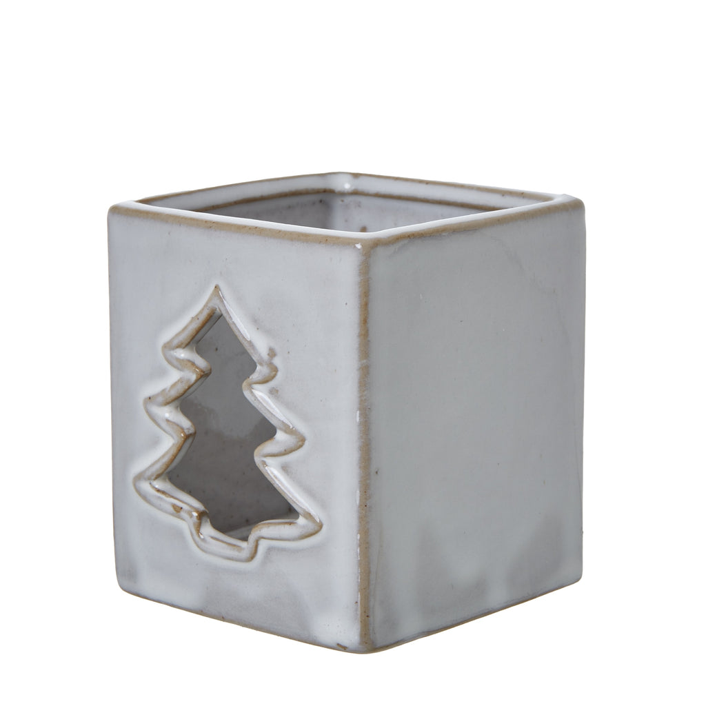 White Ceramic Tree Cut-Out Square Tealight Holder 8 cm