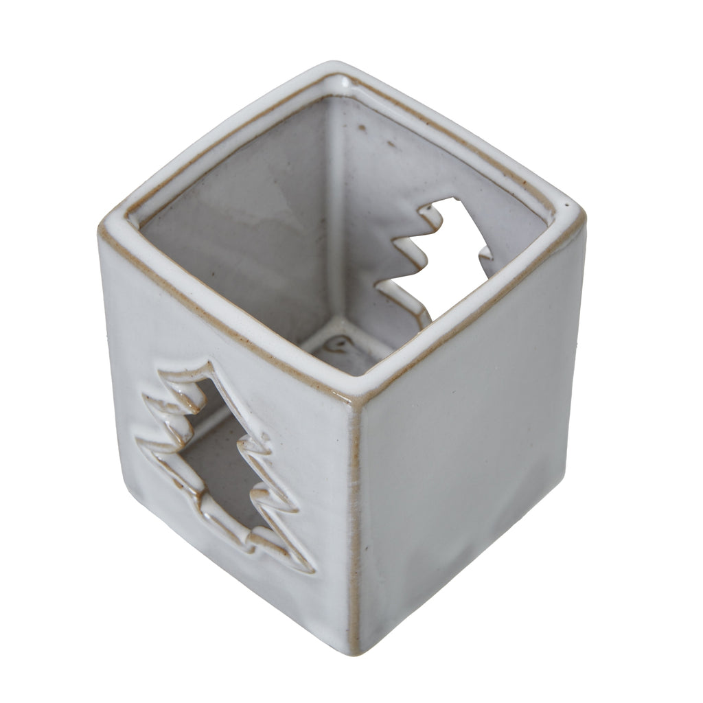 White Ceramic Tree Cut-Out Square Tealight Holder 8 cm