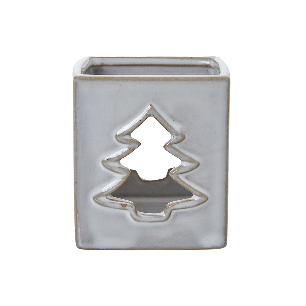 White Ceramic Tree Cut-Out Square Tealight Holder 8 cm
