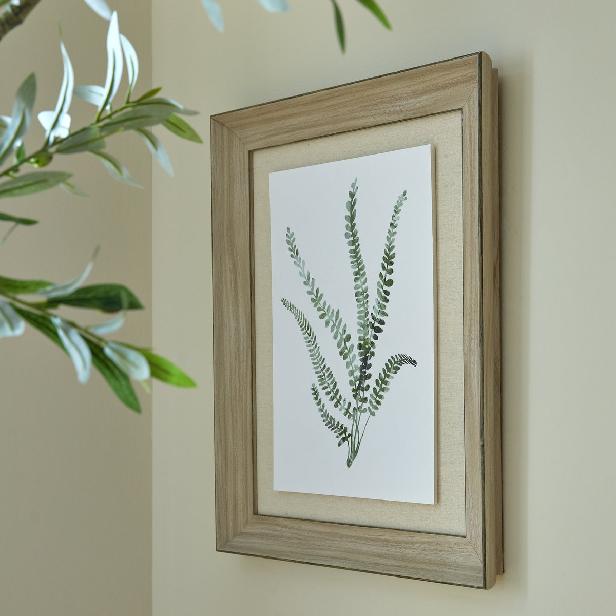 Watercolour Delicate Fern In Washed Wood Frame 60 cm