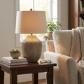 Lumen Ochre Carved Textured Table Lamp With Linen Shade