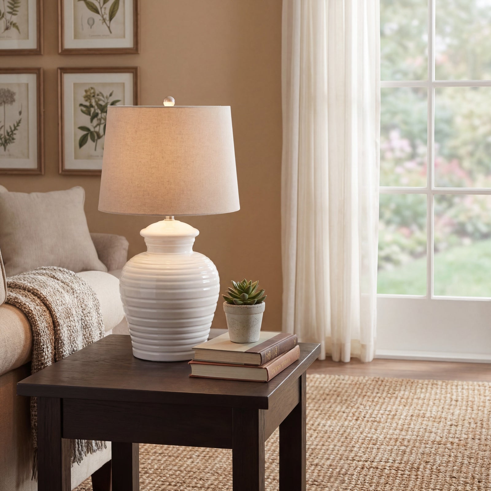 Lumen White Ceramic Pot Lamp With Linen Shade 62cm