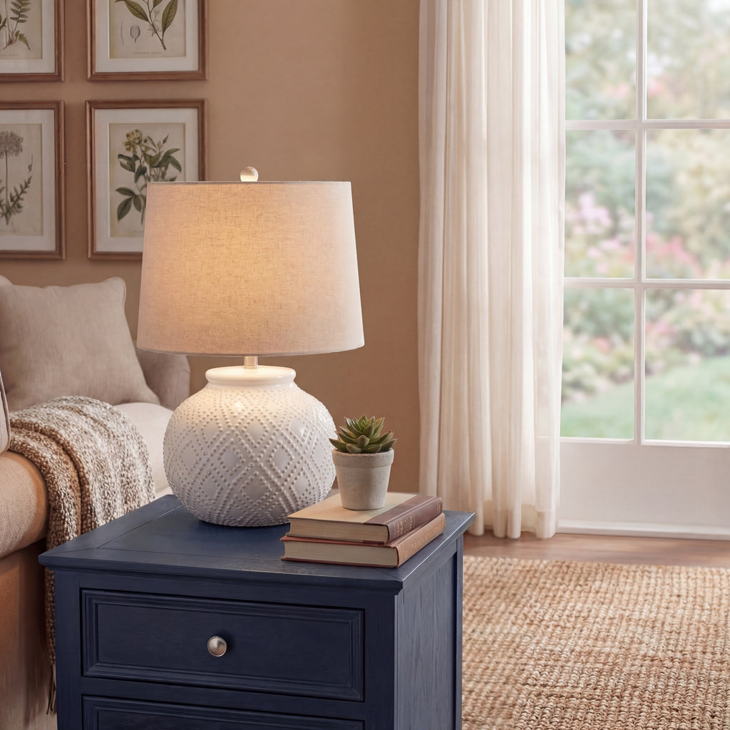 Nova Squat White Beaded Ceramic Lamp With Linen Shade 56cm