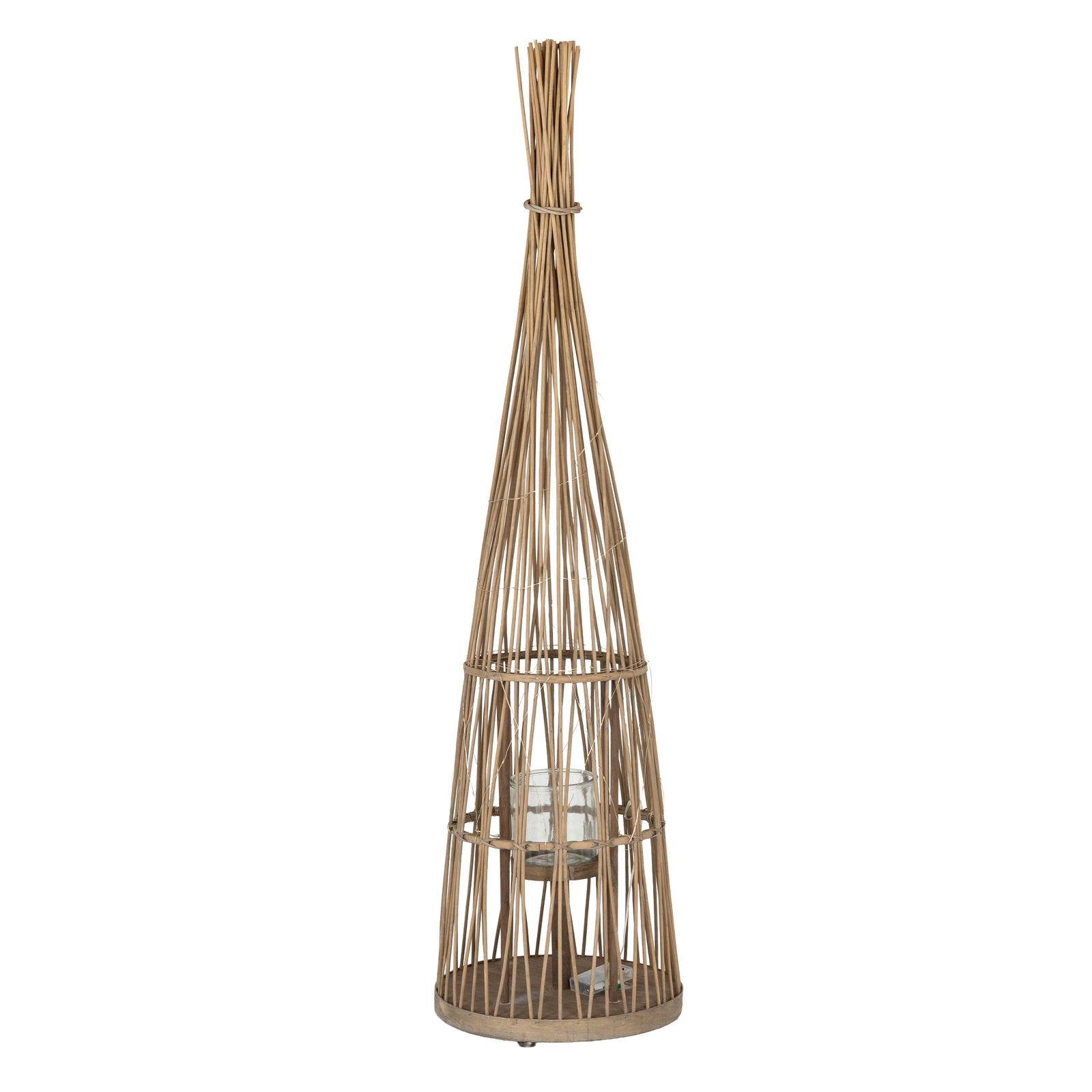 Lumen Large Conical Wicker Lantern With Glass Holder & Led Lights