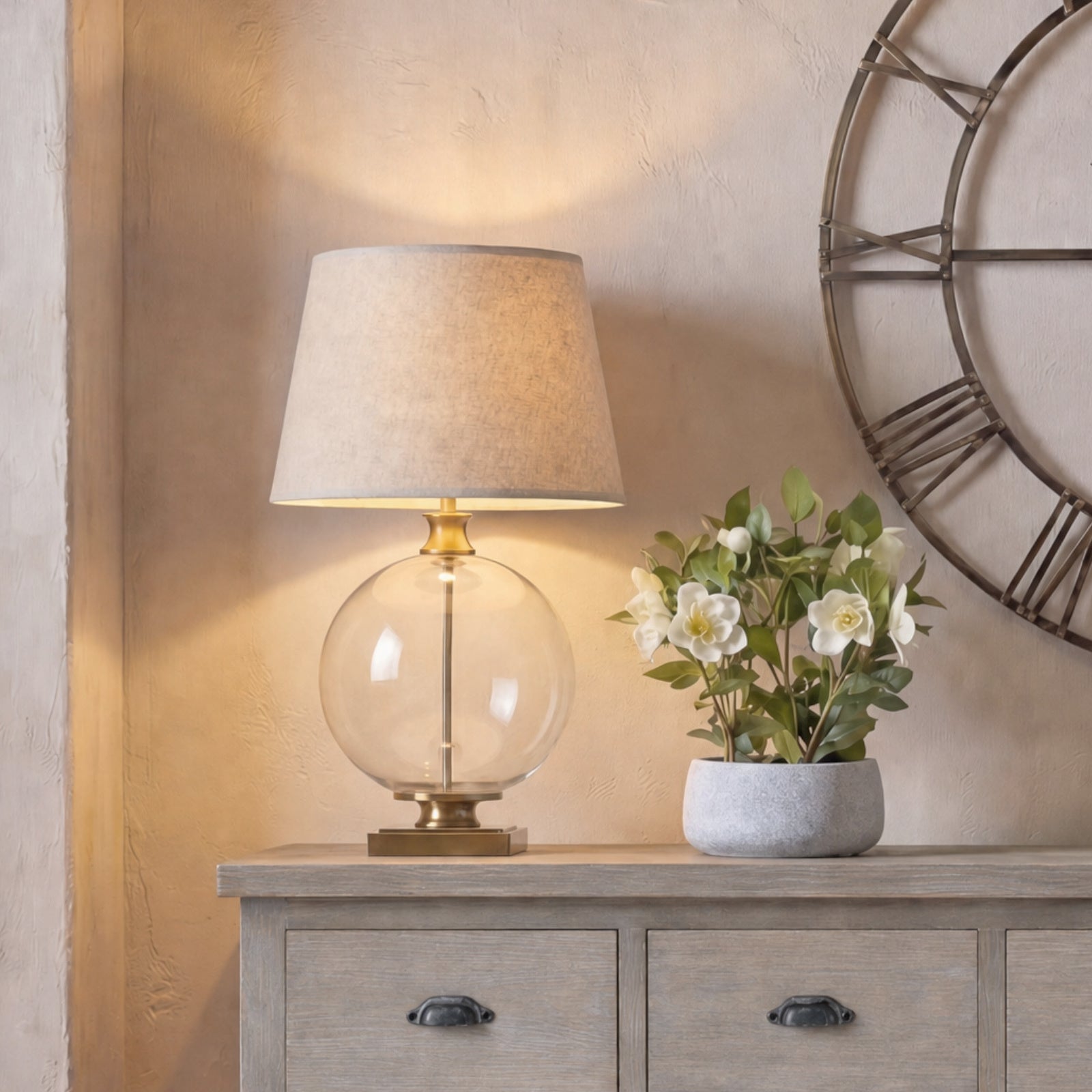 Eclipse Lunel Glass Orb Table Lamp With Edged Linen Shade