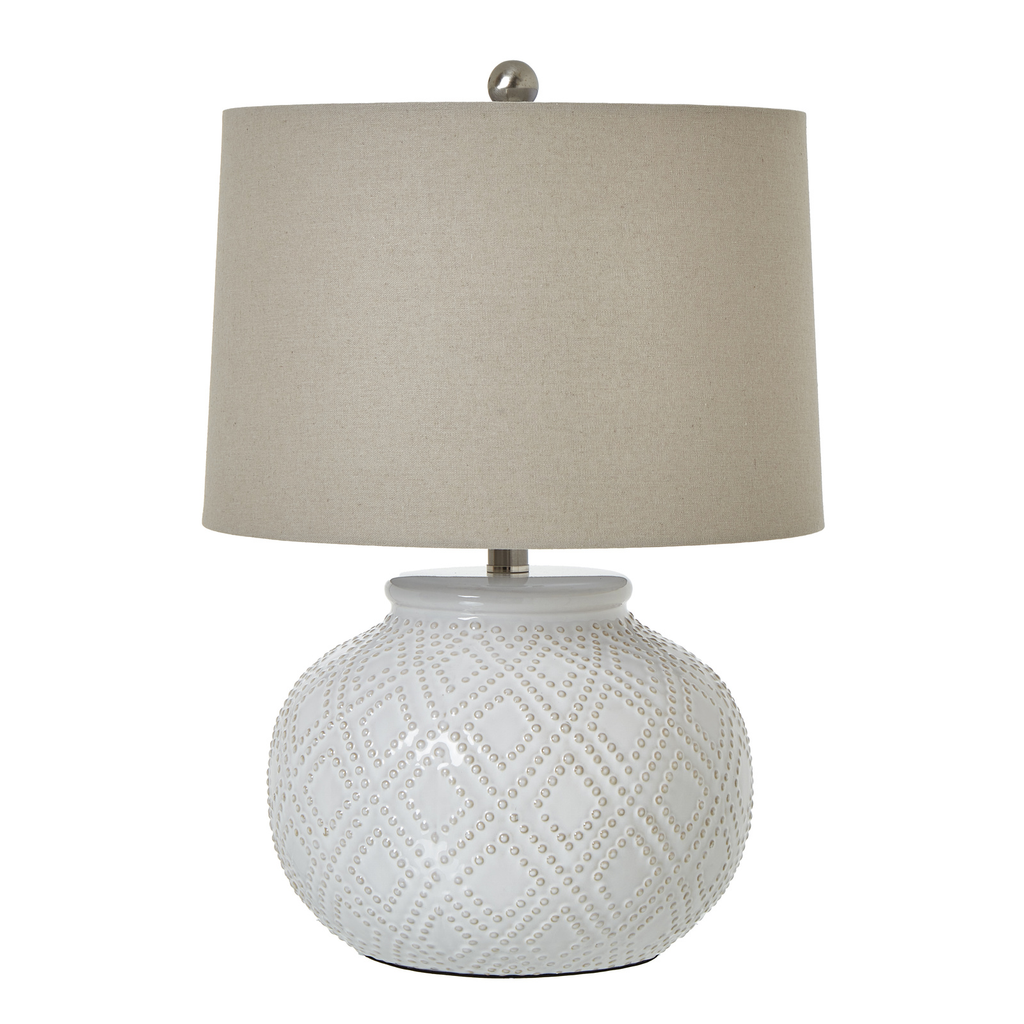 Nova Squat White Beaded Ceramic Lamp With Linen Shade 56cm