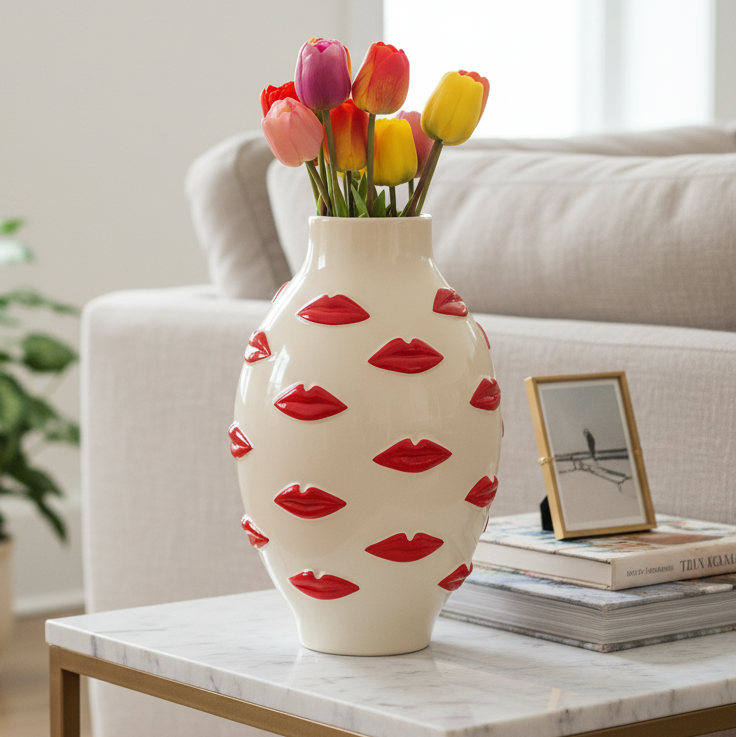 An off-white ceramic vase decorated with raised red lips, filled with colorful tulips including pink, yellow, and orange-red blooms, set against a plain white background.