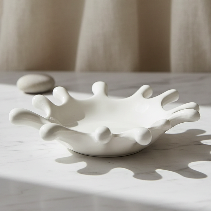 A white ceramic dish designed in the shape of a milk splash, shown on a clean white background with a soft shadow underneath.