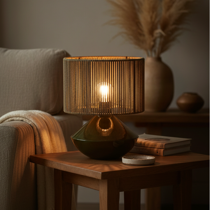 Forest Green Table Lamp w/ Ribbed Corded Shade 38cm