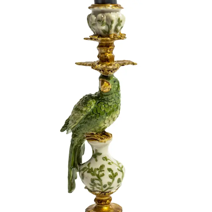 Antiqued Ornate Green/White Parrot Candle Holder 28cm