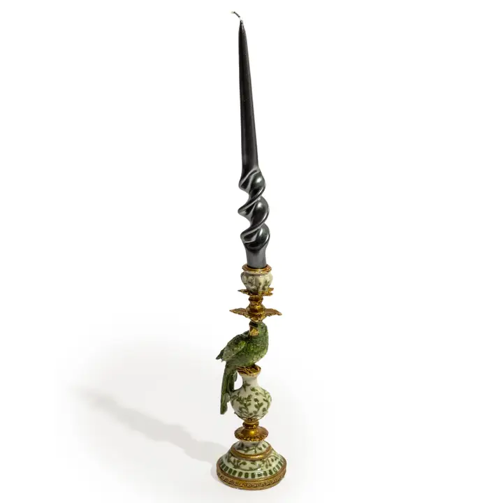 Antiqued Ornate Green/White Parrot Candle Holder 28cm