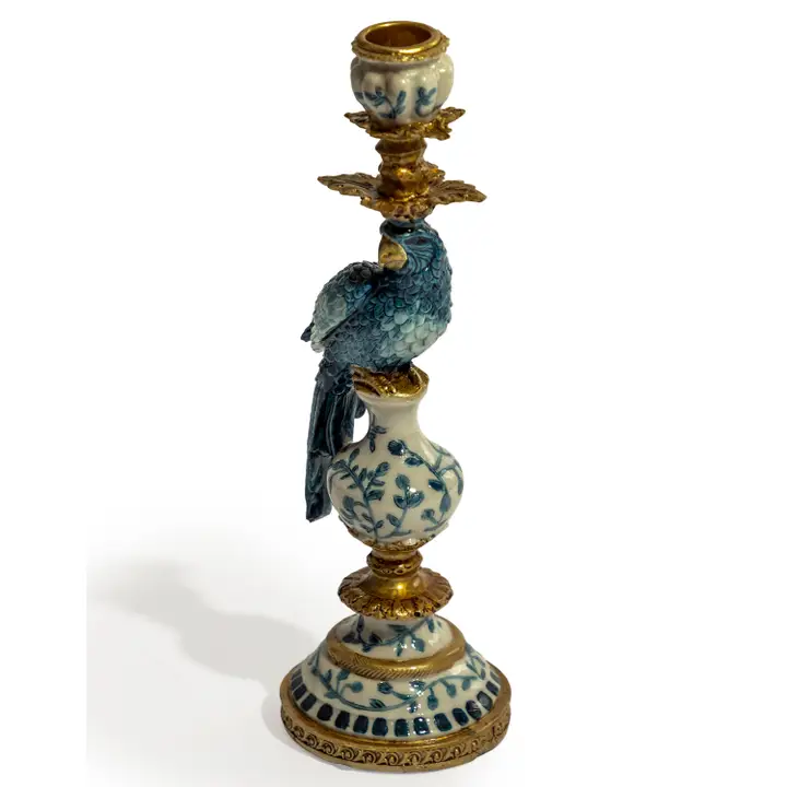 Antiqued Ornate Blue/White Parrot Candle Holder 28cm