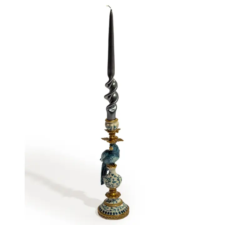Antiqued Ornate Blue/White Parrot Candle Holder 28cm