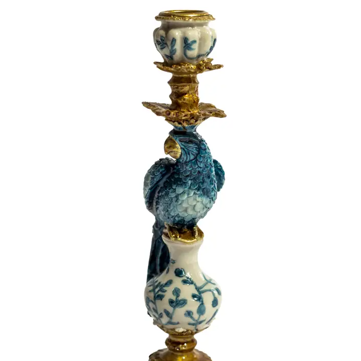 Antiqued Ornate Blue/White Parrot Candle Holder 28cm