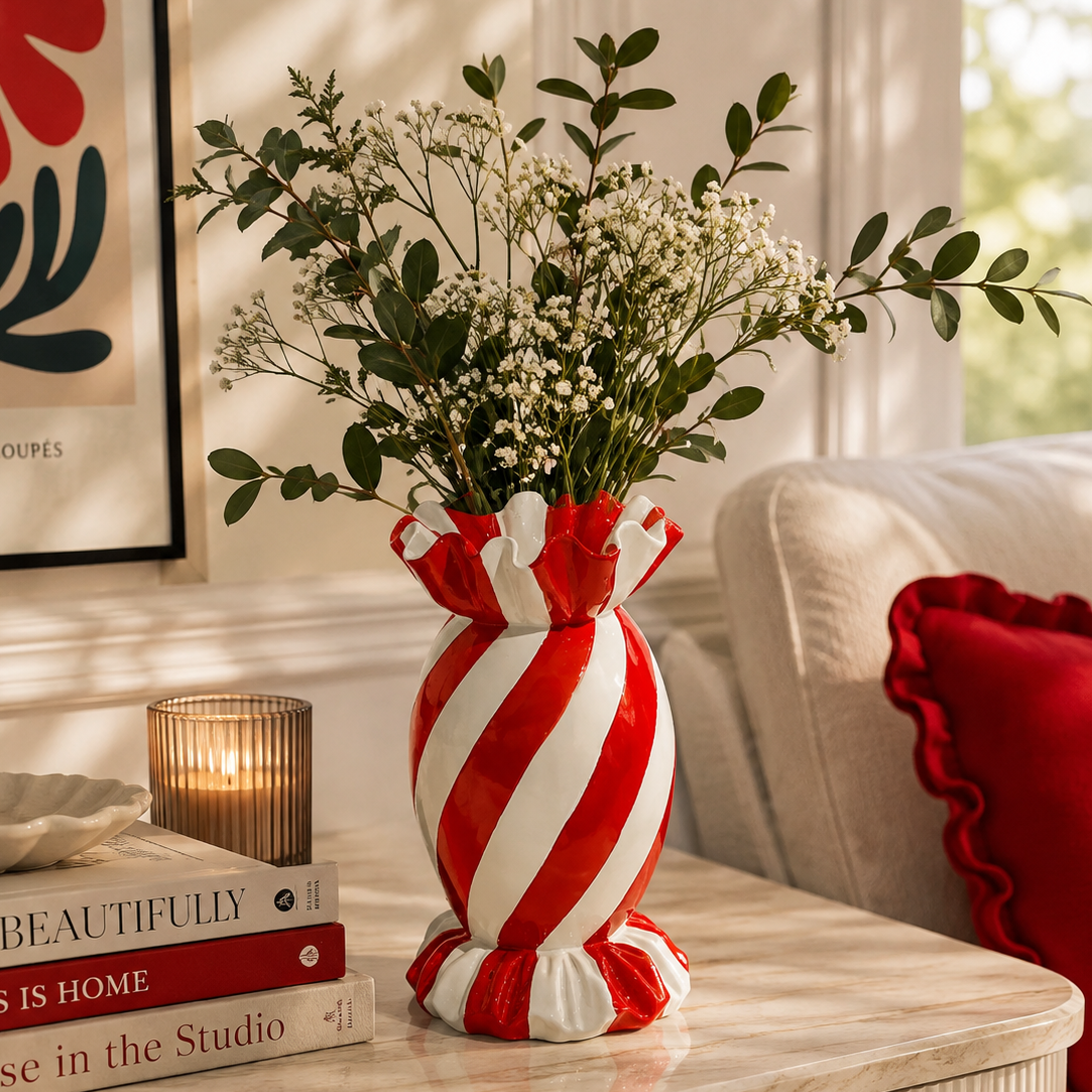 Large Red/White Striped Candy Vase 31cm