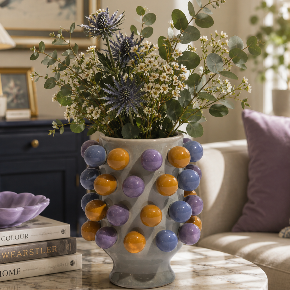 Ceramic Yellow / Blue / Lilac "Pom Pom" Vase 24cm
