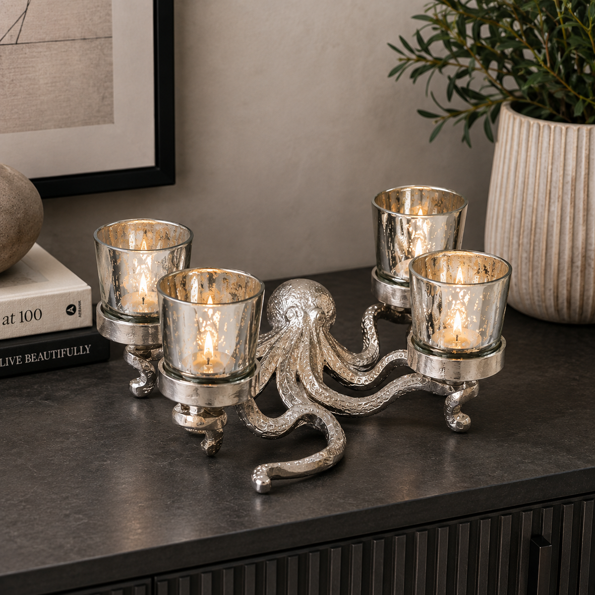 Silver Octopus Four Tealight Holder 30cm