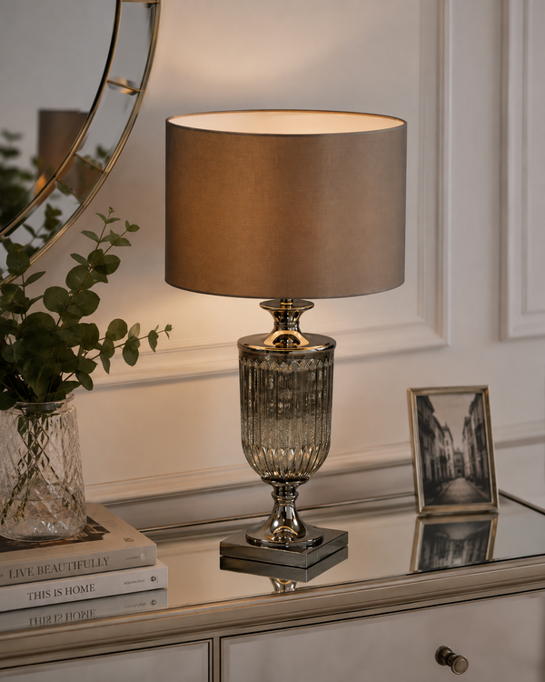Antiqued Glass Urn Lamp with Taupe Cylinder Shade 85cm