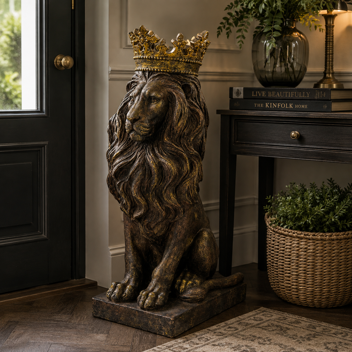 Rustic Bronze Effect Crowned Lion Figure 57cm