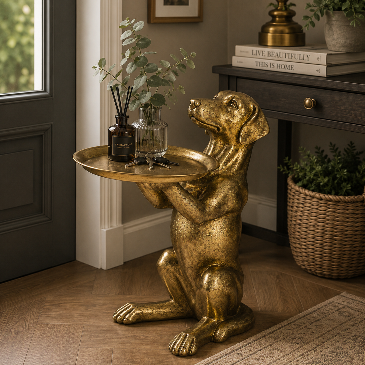 Antique Gold Effect Labrador Holding Tray Ornamental Side Table
