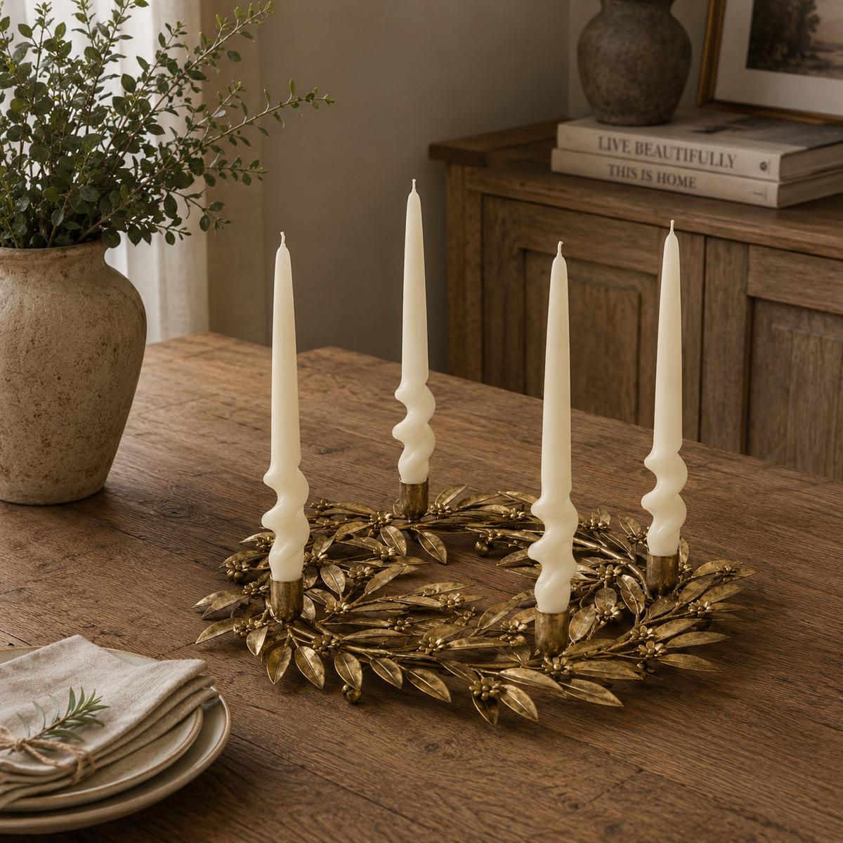 Antique Gold Effect Wreath Candle Holder 35cm