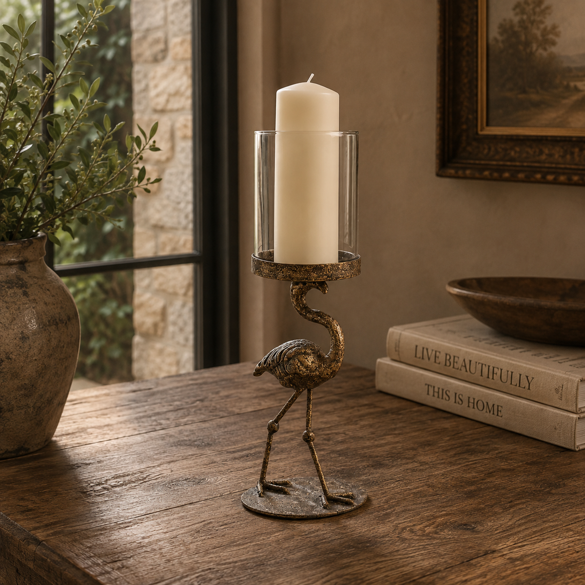 Antiqued Flamingo Candle Holder with Glass Cover 33cm