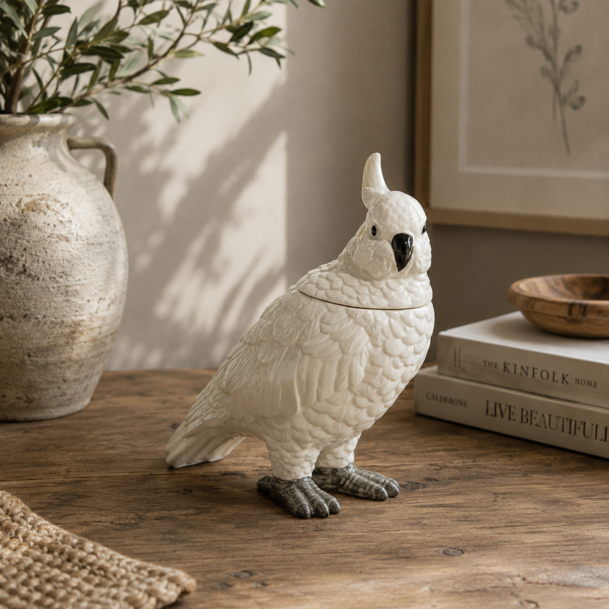 White Ceramic Parrot Storage Jar/Vase 23.5cm