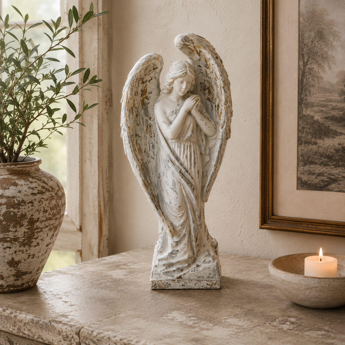Large Antiqued White Angel Ornament / Figure 62.5cm