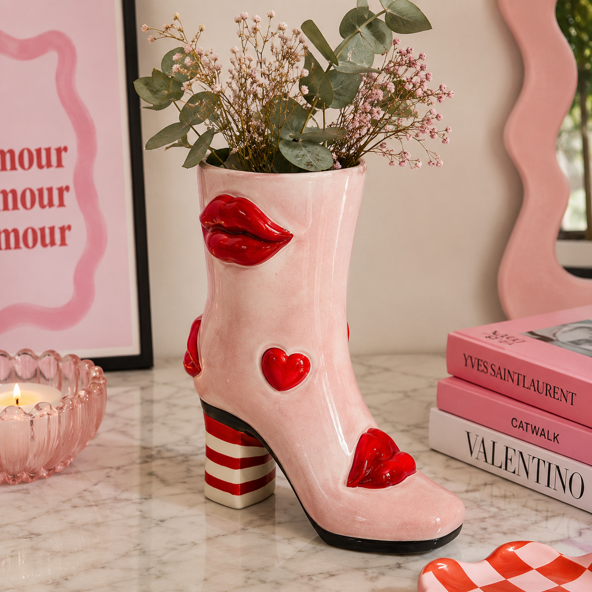 Medium Hearts & Lips Heeled-Boot Ceramic Vase 23cm